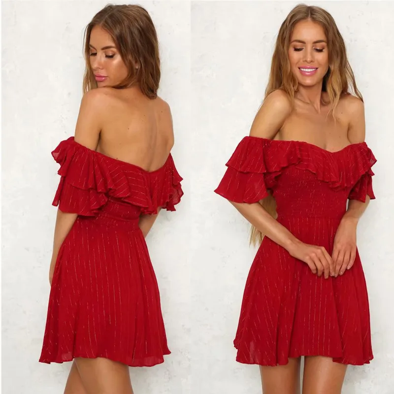 yinlinhe Red Off Shoulder Summer Dress Short Sleeve Sexy Striped Ruffles Dress Women Backless Slim Waist Elegant Vestidos 14