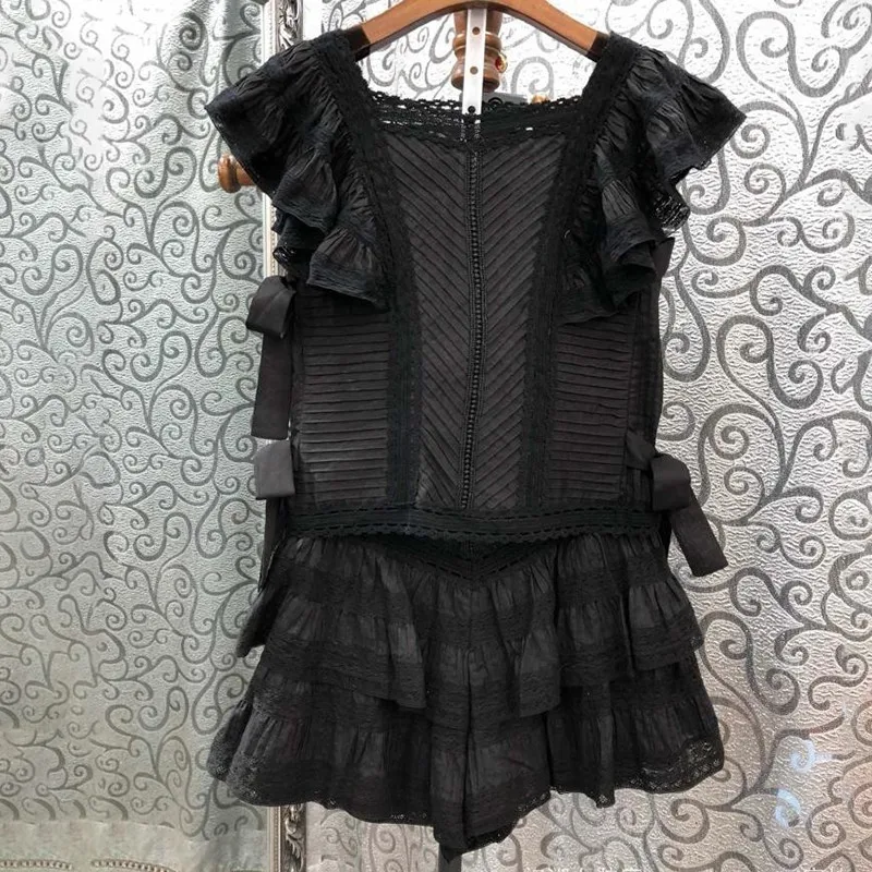 TWOTWINSTYLE, весенний кружевной лоскутный комплект из двух предметов, женский квадратный воротник, короткий рукав, блузка с оборками, шорты, женский костюм, мода - Цвет: black