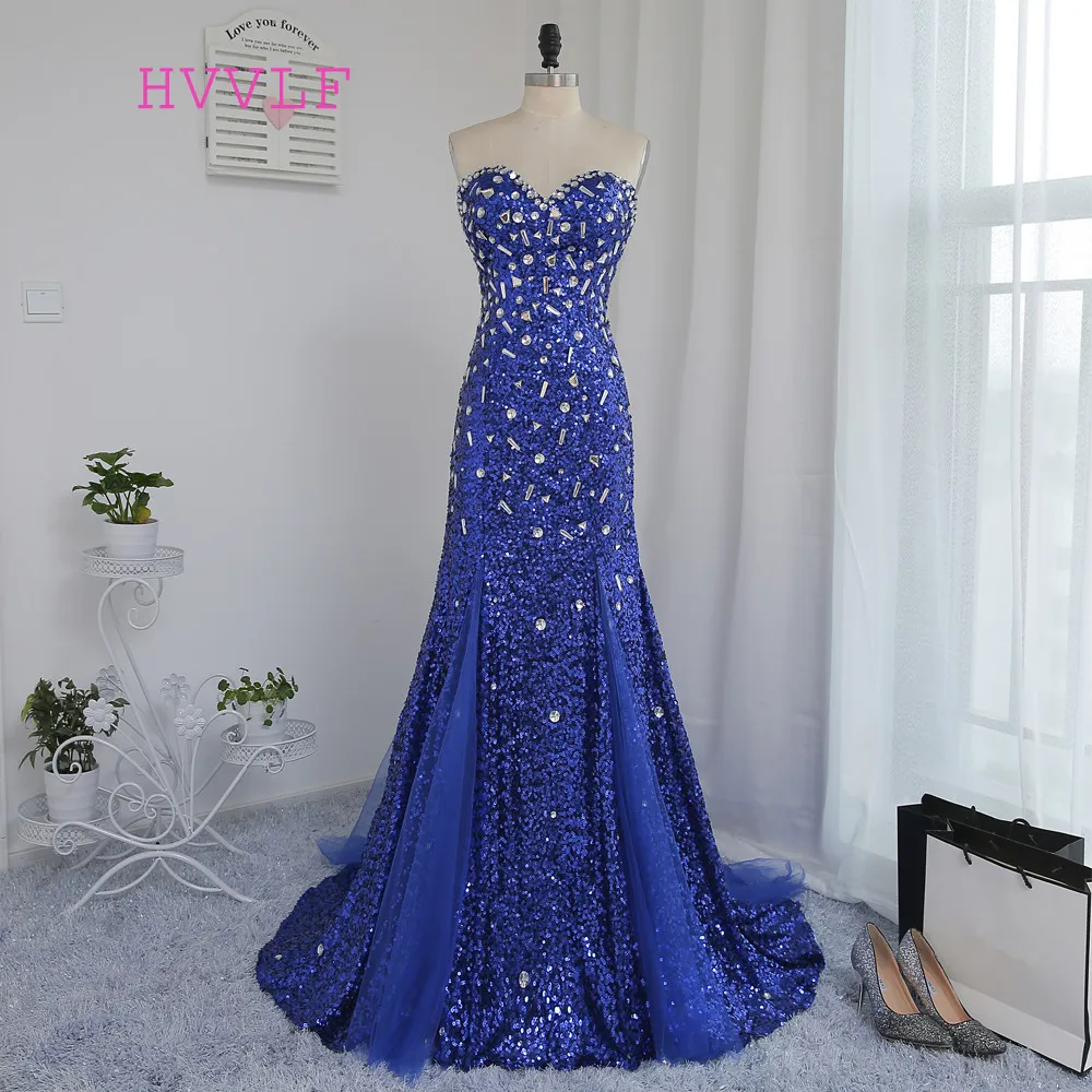 

Backless 2019 Mermaid Sweetheart Royal Blue Squins Sparkle Crystals Beaded Long Evening Dresses Evening Gown Prom Dresses Gown