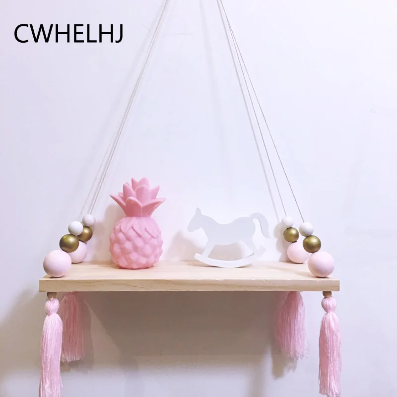 

Nordic Wood Storage Board Cute Tassel Wooden Beads Wall Hanging Clothing Storage Shelf Decoration Display Holder Clothes Hanger