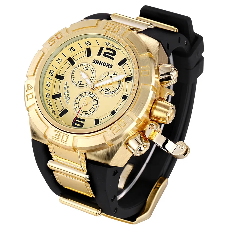 Billig SHHORS Marke Sport Military Watch Große Zifferblatt Armee Uhr Gummiband Luxus Goldene Uhren Männer Gold Männliche Uhr Relogio Masculino