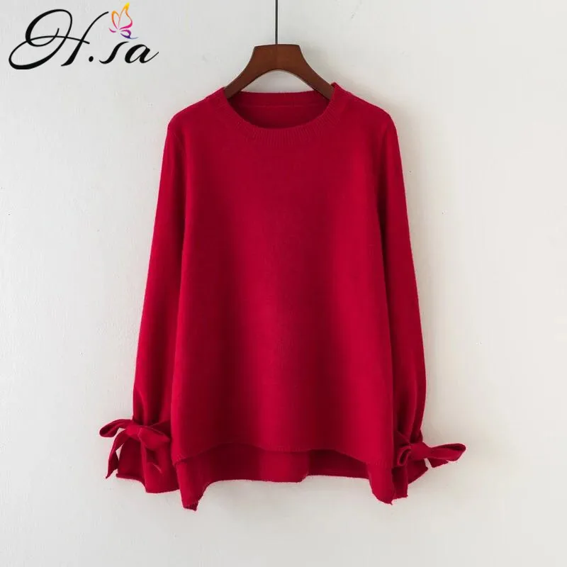 HSA 2018 Women Korean Fashion Pull Sweaters Oneck Flare Sleeve Knitwear Irregular Loose Jumpers Bow Cute Solid Pullover Tops