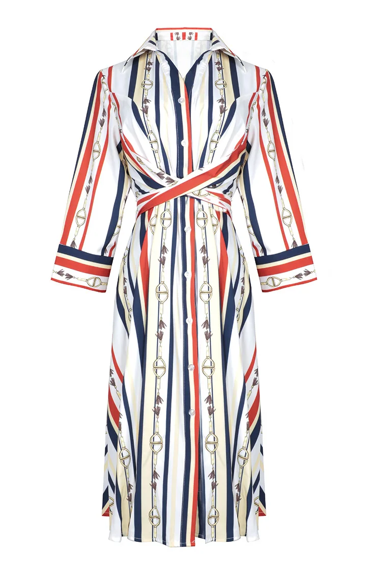 

European and American women's dress 2019 summer new style Three-quarter sleeve lapels Fashion chain stripe print Slim dress