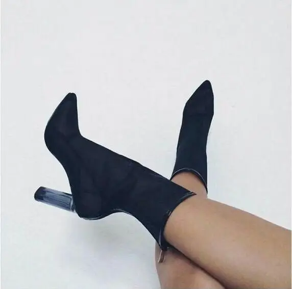 

Cheap High Quality Woman Brand Transparent Heel Air Mesh Plus Size Pointed Toe Zip Back Mid-calf Short Boots Crystal Heels Botas