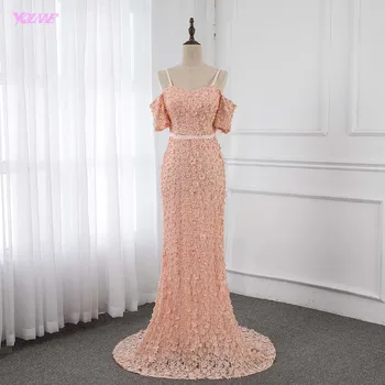 

Elegant Peach Flowers Lace Pearls Evening Dresses Long Mermaid Fashion Evening Gown Sleeveless YQLNNE
