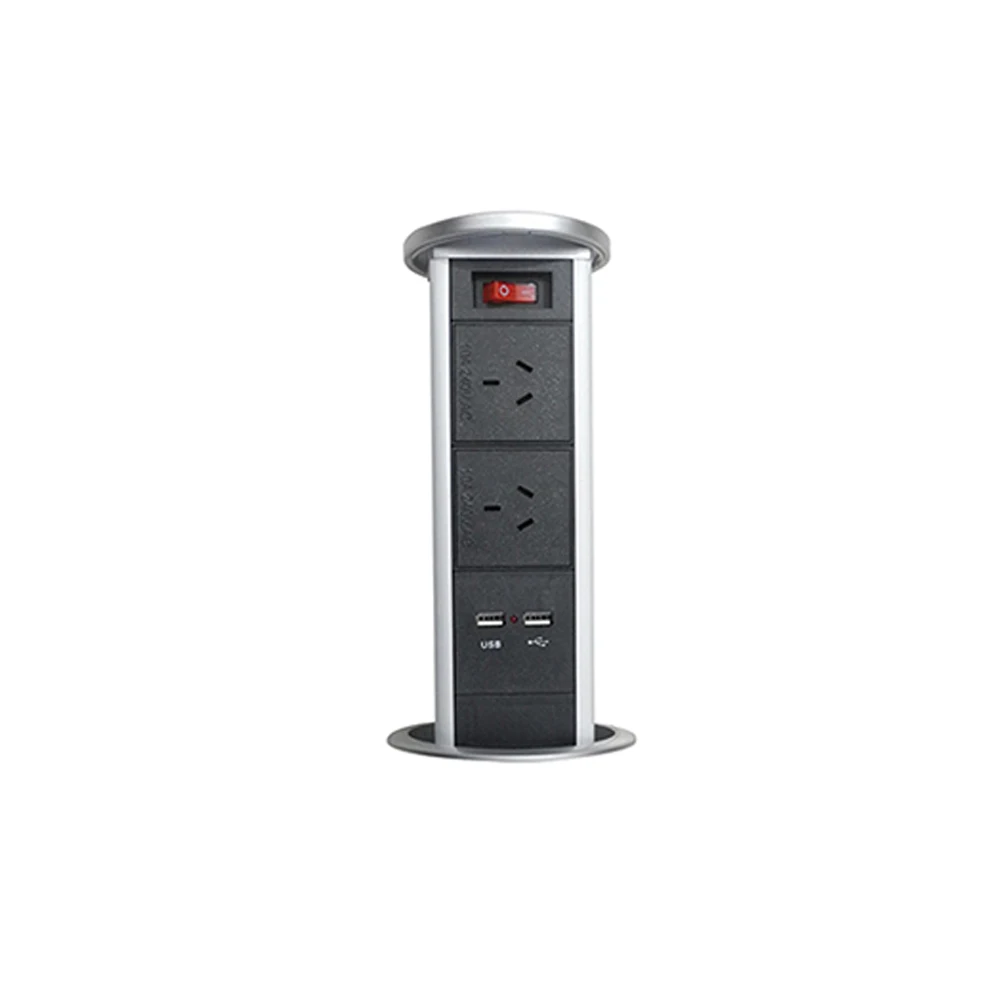 

Automatic pneumatic air spring tabletop pop up socket with 2 AC Power Sockets, 2 USB Charging and 1 on-off Switch Table Socket