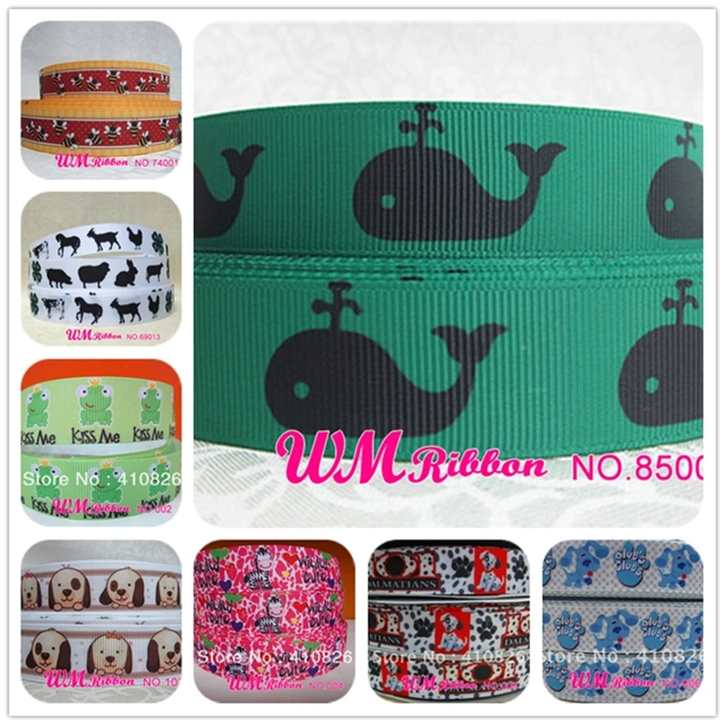 

Q&N ribbon 7/8inch 22mm Animal whale on green webbing printed grosgrain ribbon 50yards/roll for headband hair tie free shipping