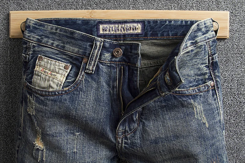 Винтаж дизайнерские мужские джинсы ретро Слим рваные джинсы Для мужчин деним искусственно состаренные брюки вышивка лоскутное хип-хоп