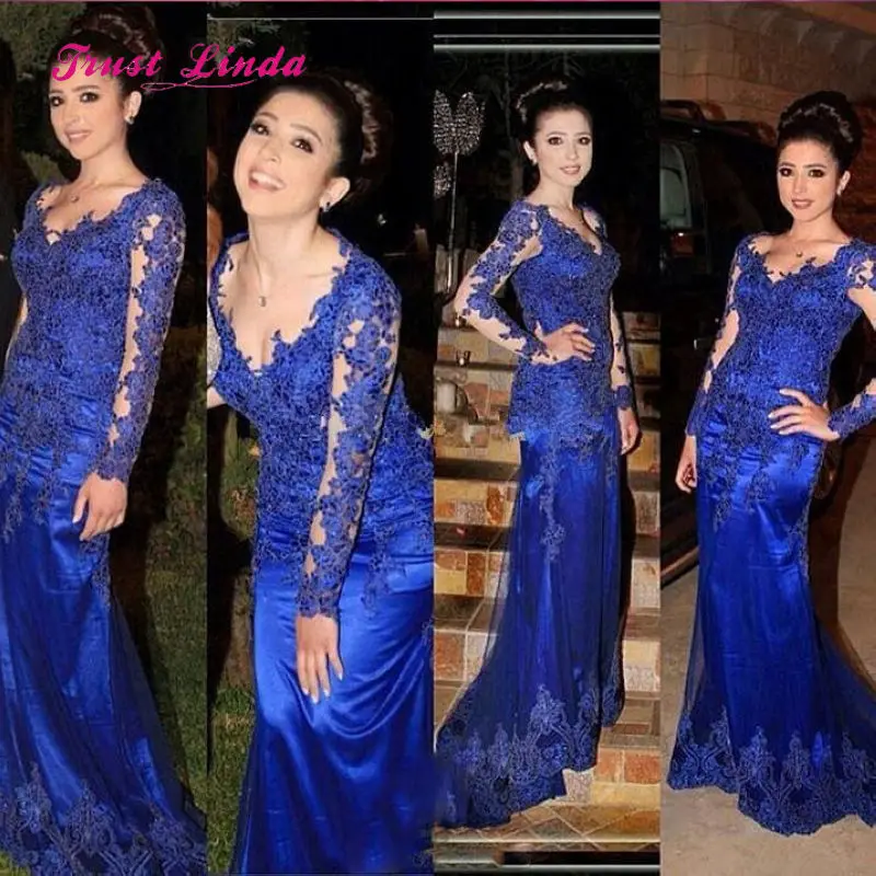 

Graceful Long Sleeves Plus Size Mother Of The Bride Illusion Neckline Royal Blue Mother Of The Bride Dresses 2018