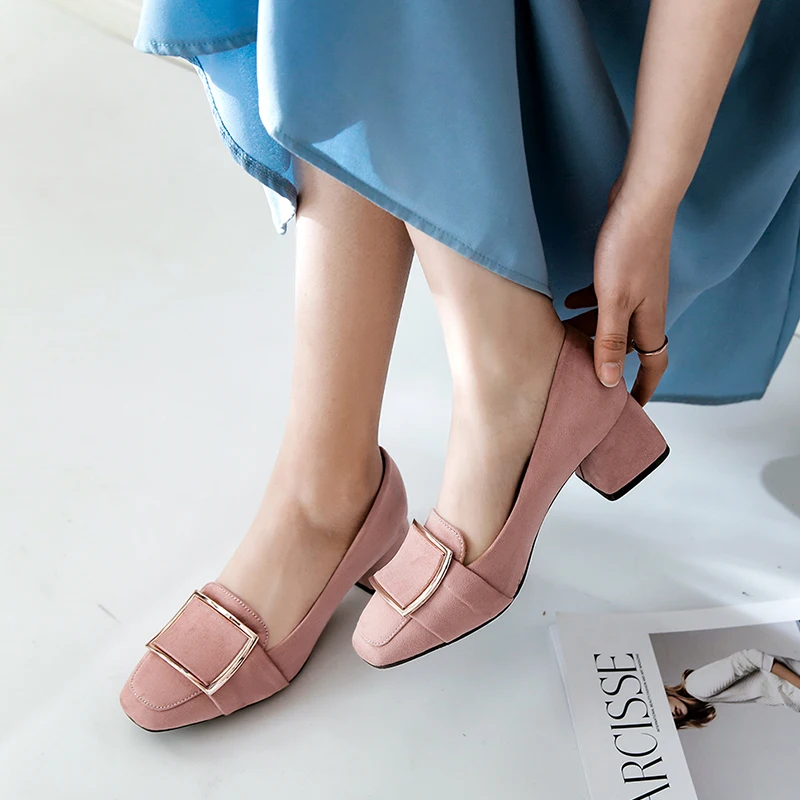 

Women Pumps Square Heels Large Buckle Size 34-43 Soft Flock Upper High Quality New Fashion Woman's Spring Autumn Shoes SH009