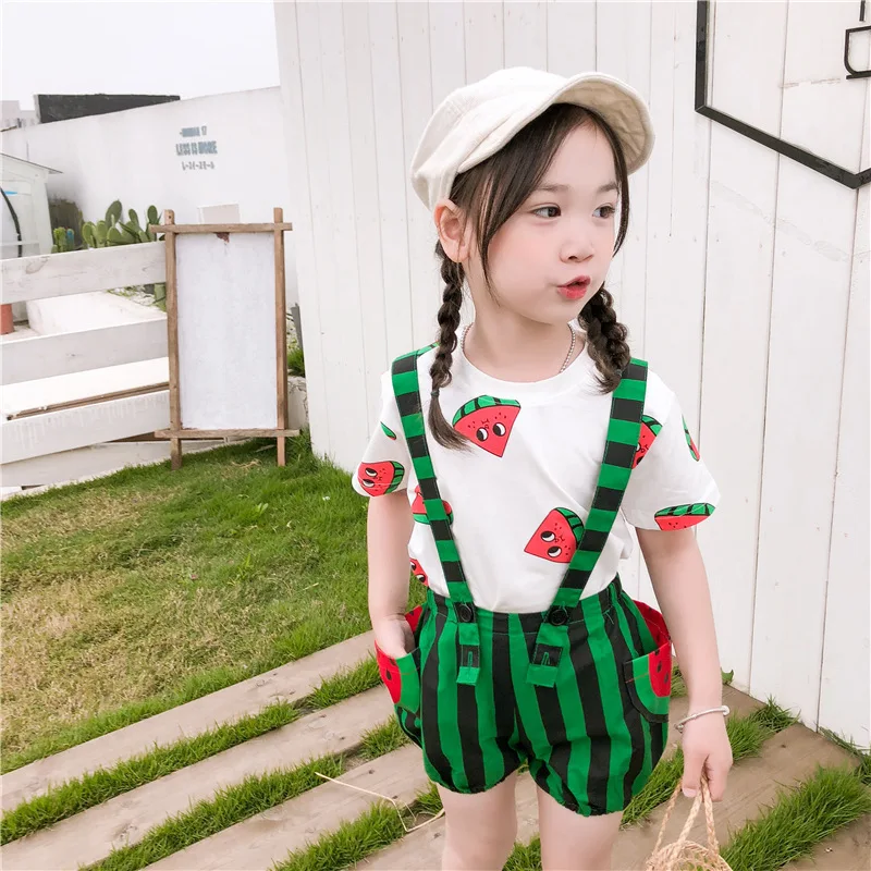 

Pretty watermelon overalls girls cute clothing 2 pieces hot sell cotton baby children outfits