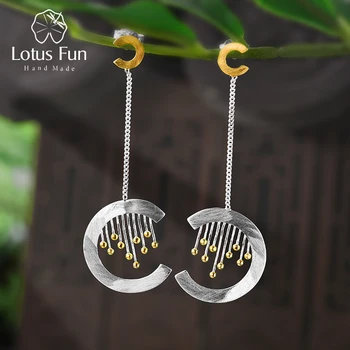 Lotus Fun Real 925 Sterling Silver Handmade Fine Jewelry Creative Oriental Element Vintage Curtain Dangle Earrings for Women