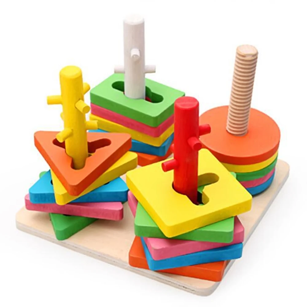 Kids Colorful Montessori Wood Geometric Sorting Board Blocks Early