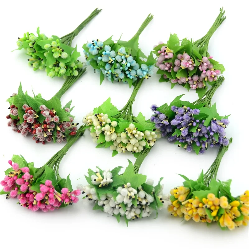 

12PCS Handmade Mini Pearlescent Artificial Flower Stamen Wedding Party Decoration DIY Scrapbooking Candy Box Craft Fake Flowers