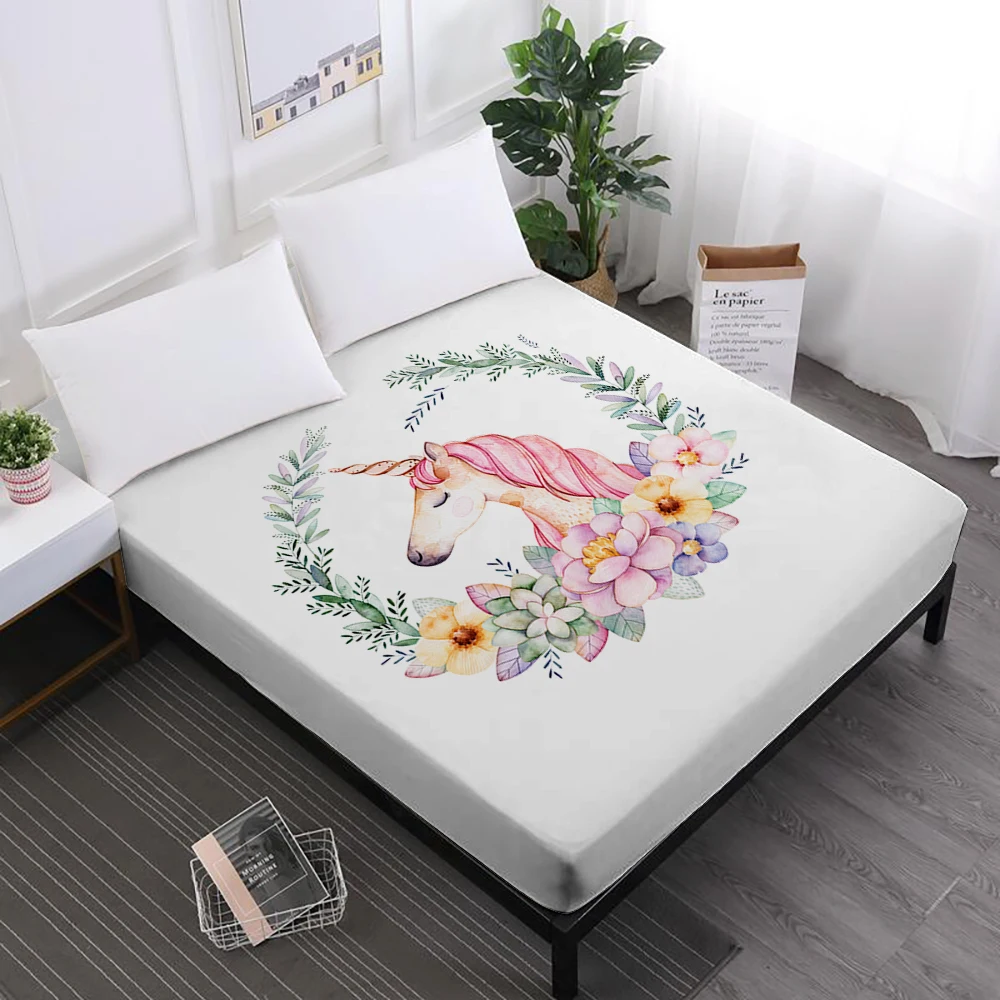 Home Textile Bed Sheet Cute Unicorn Print Fitted Sheets Ladies Sweet Cartoon Sheet 100 Polyester Mattress