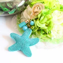 2015 Fashion Charm Rhinestone leather Starfish Tassel Pendant keychain alloy bag Key ring Holder for Women