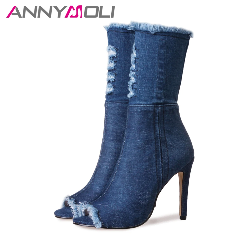 Женские джинсовые сапоги до середины икры ANNYMOLI синие с открытым носком на