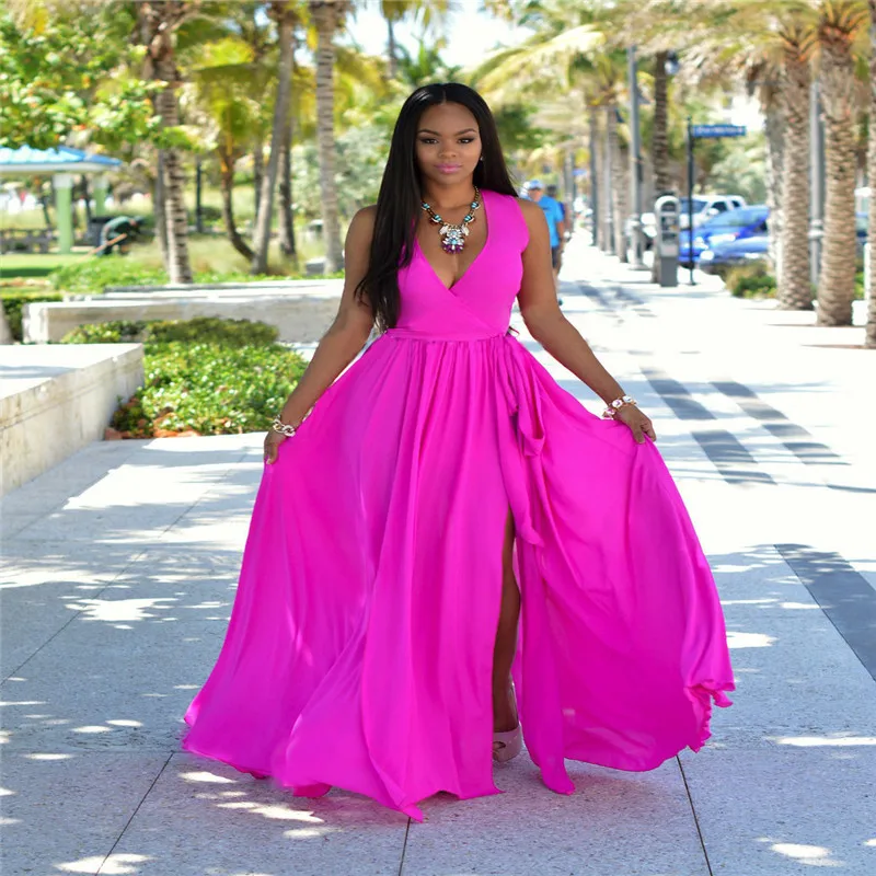

Women Clothes Summer Sleeveless Deep V-neck Maxi Boho Evening Party Beach Dresses Solid Sundress Regular Size Pullover Cotton