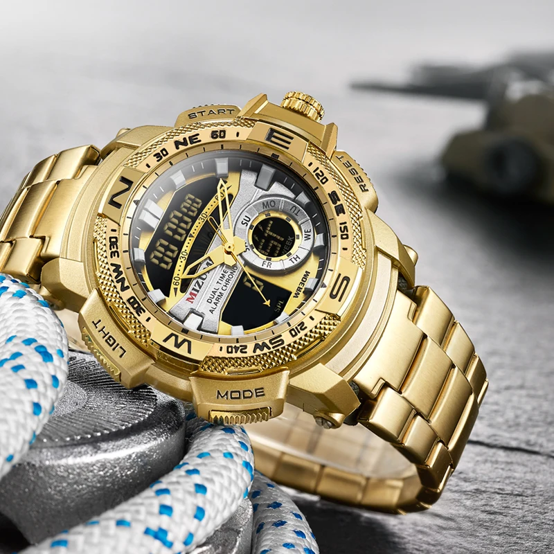 MIZUMS Military Wrist Watches LED Digital Sport Watch Men Gold Stainless Steel Band Dual Time Quartz Clock Man Relogio Masculino