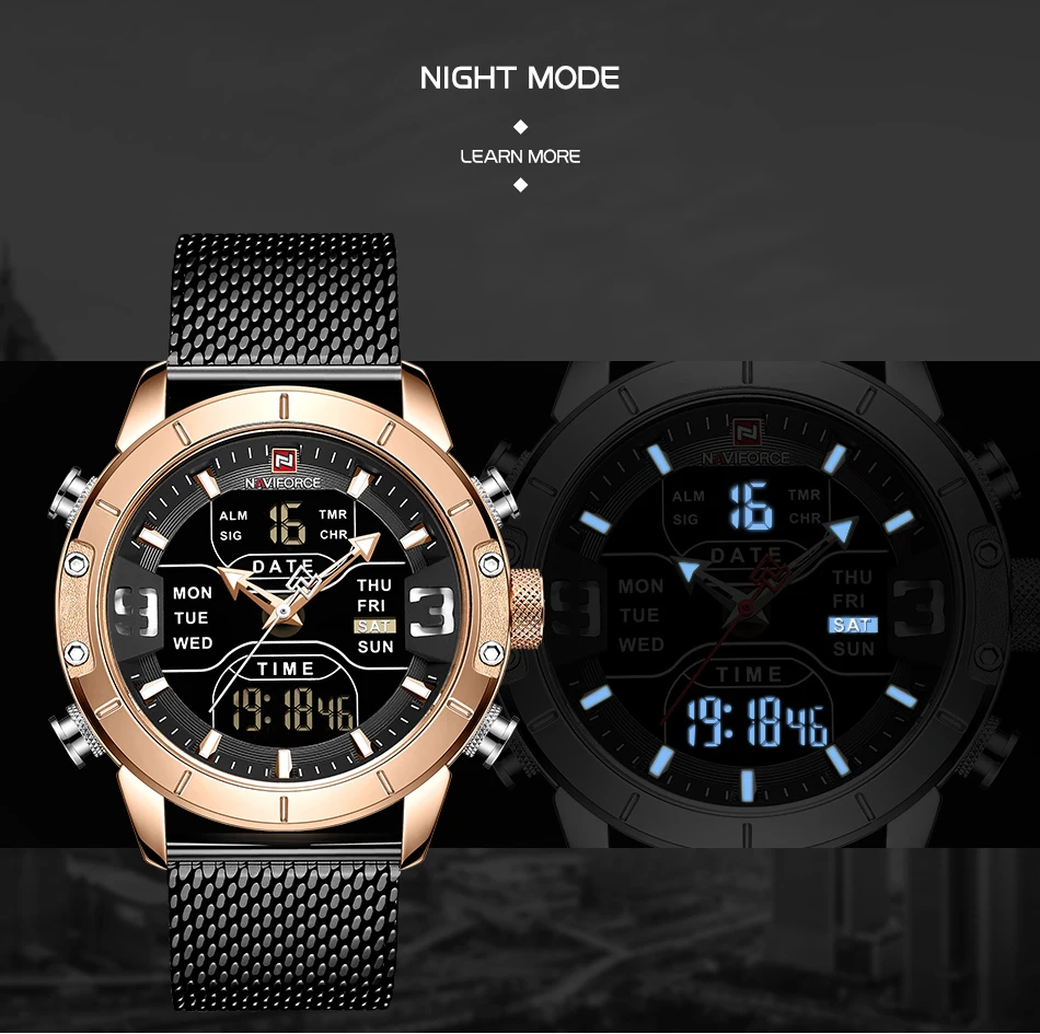 Часы NAVIFORCE мужские спортивные водонепроницаемые кварцевые с двойным