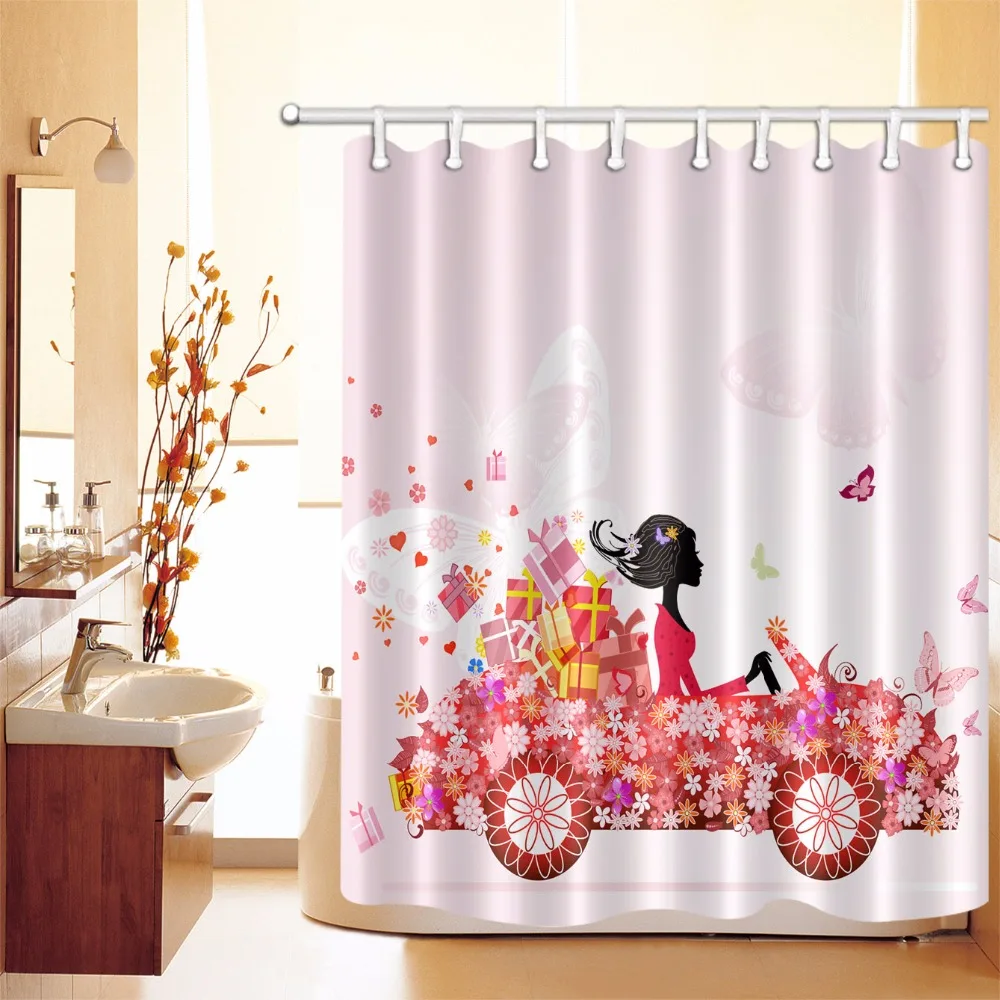 Butterfly and Pink Flower Bathroom Waterproof Fabric Shower Curtain /& 12 Hooks
