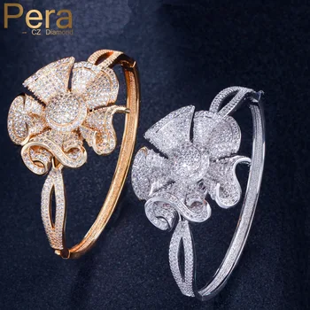 

Pera Elegant Prom Party Big Geometric Open Cuff Flower Shape Full Shinning Cubic Zirconia Pave Bangles for Women Jewelry Z021