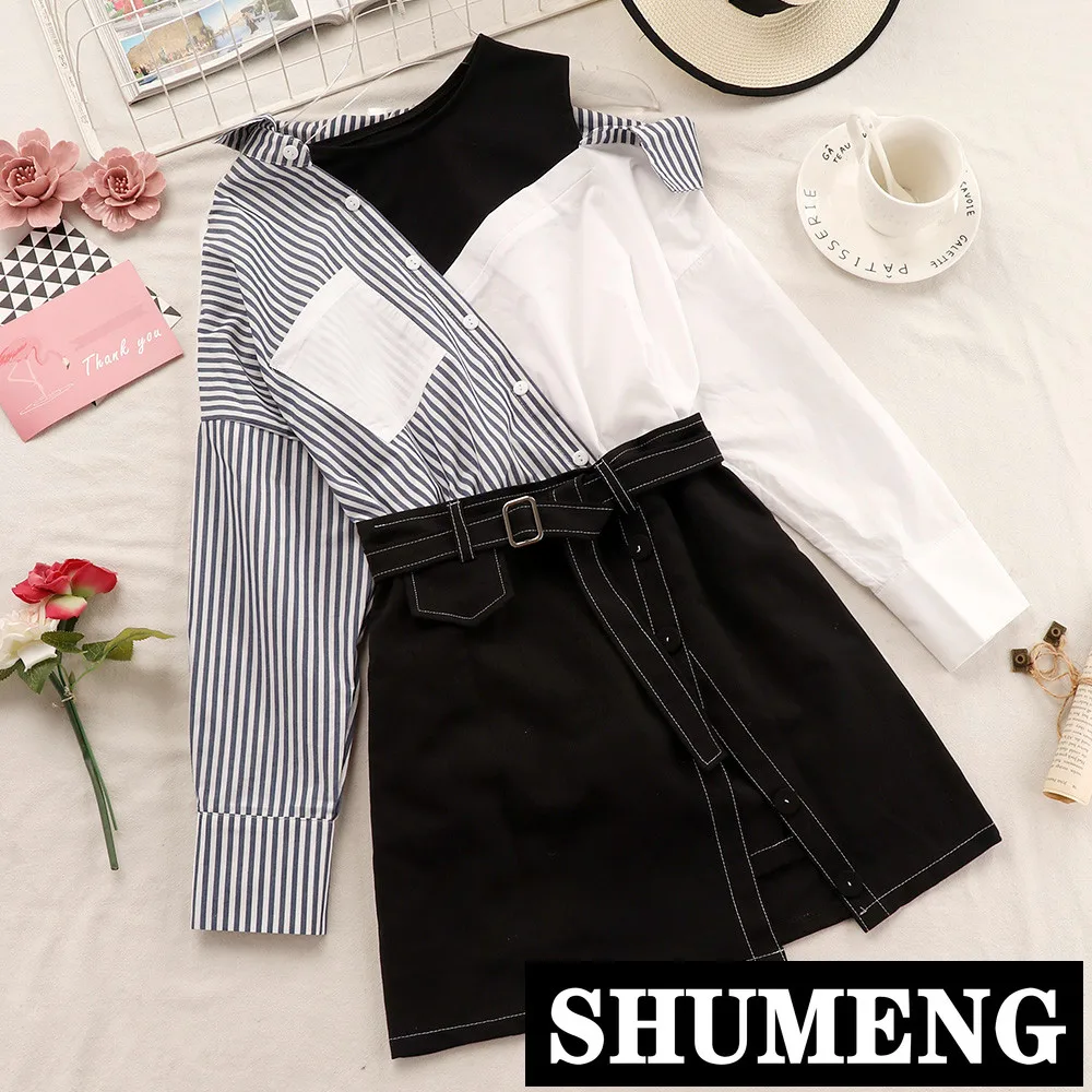 

2019 Spring Summer Women's Casual Hit Color Spliced Striped Shirts + High Waist Sashes Zipper A-line Mini Skirts 2 Piece Sets