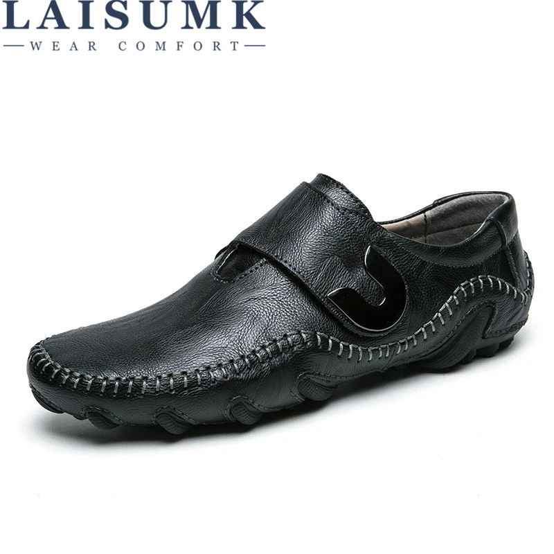 

LAISUMK Man Genuine Leather Shoes 2019 Quality Black Shoes Slip On Men Leather Loafers Handmade Casual Minimalist Shoe Big Size