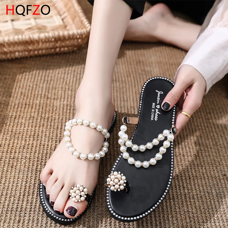 

HQFZO Casual Clear Sandals Flat Heels Platform Pearl Cross-tied Beach Sandals Summer Mujer 2019 Luxury Shoe Women Designers