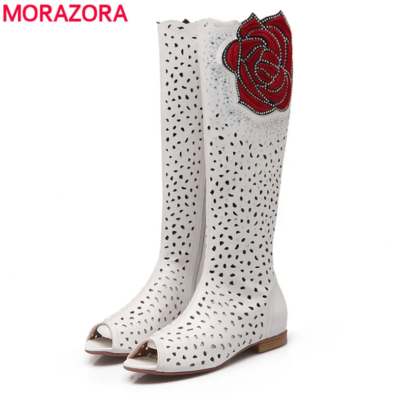 

MORAZORA 2019 new high quality cut outs women's summer boots high heels gladiator knee high boots solid color ladies shoes woman