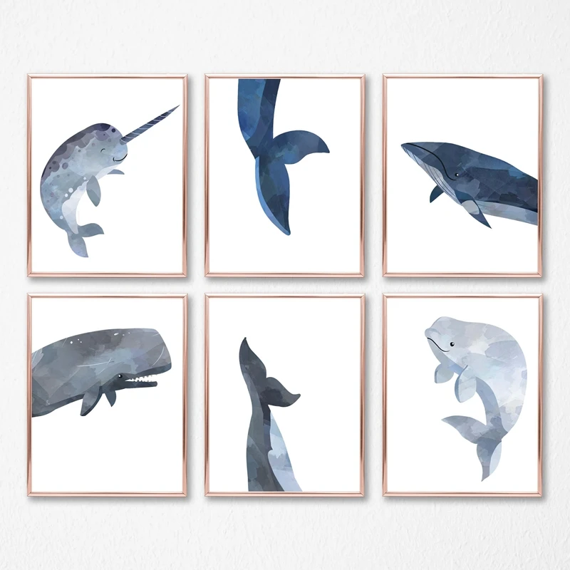 

Whale Animal Canvas Poster Print Ocean Sea Nursery Theme Art Painting Narwhal Whale Pictures Home Baby Room Wall Art Decor