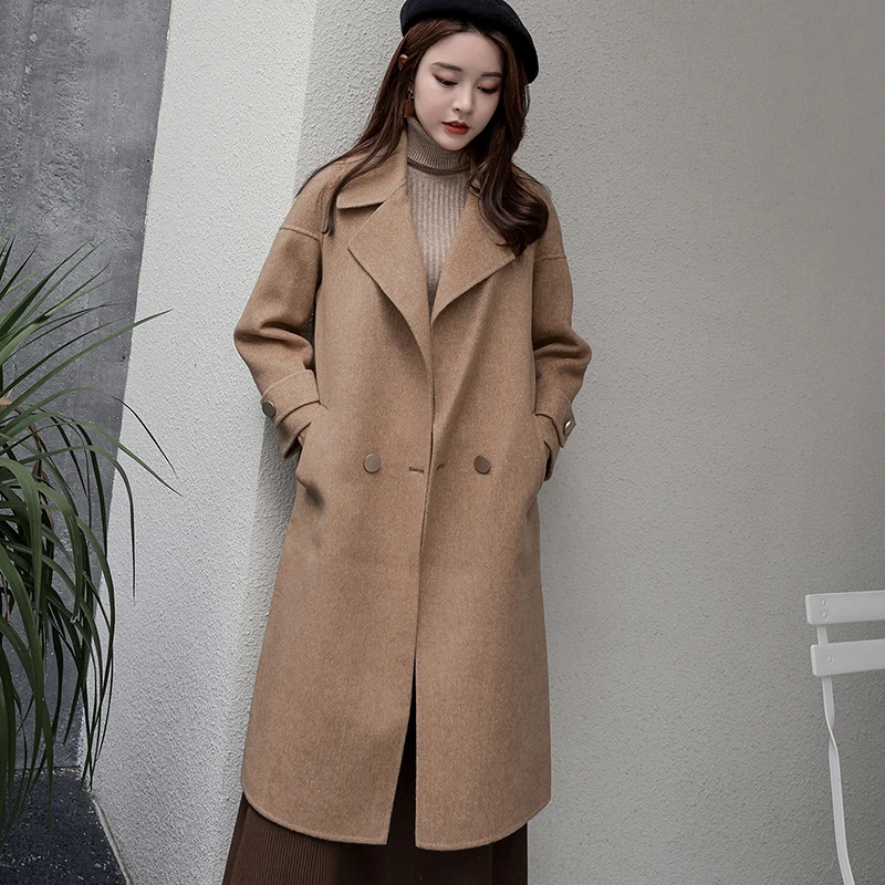 JECH 2018 Autumn and winter new women's pure wool coat V-neck fashion warm jacket herringbone drop