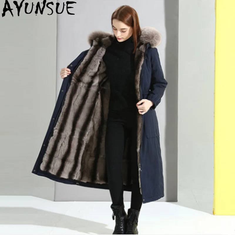 

AYUNSUE Natural Rabbit Fur Liner Parka 2019 Winter Jacket Women Fox Fur Collar Long Trench Coat Female Warm Parkas Plus Size MY