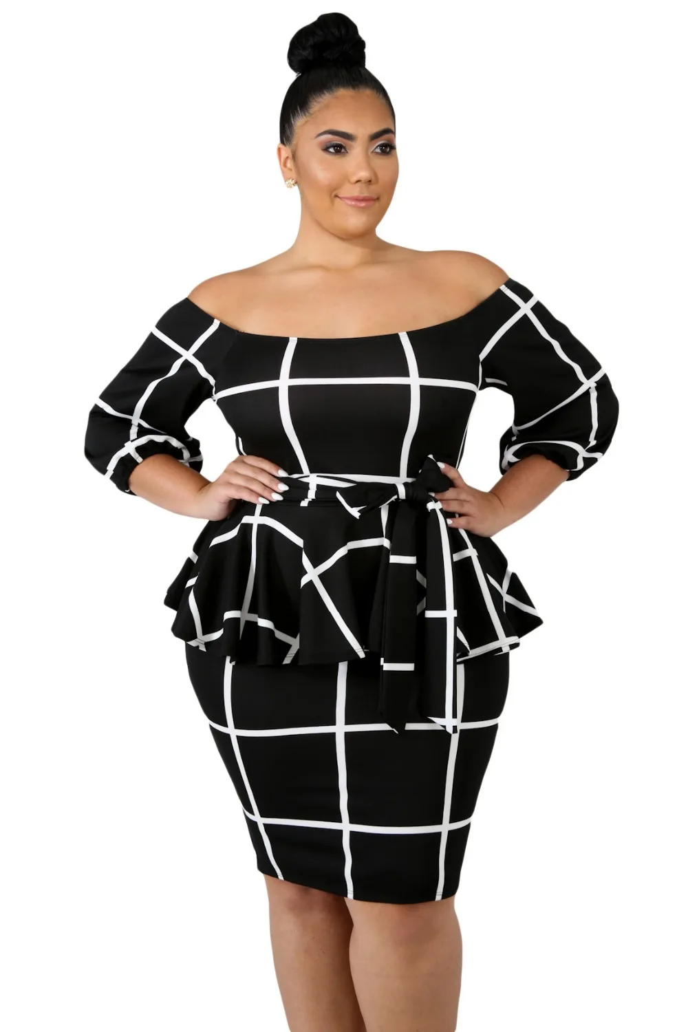 Black-White-Checked-Plus-Size-Peplum-Dress-LC63041-2-1