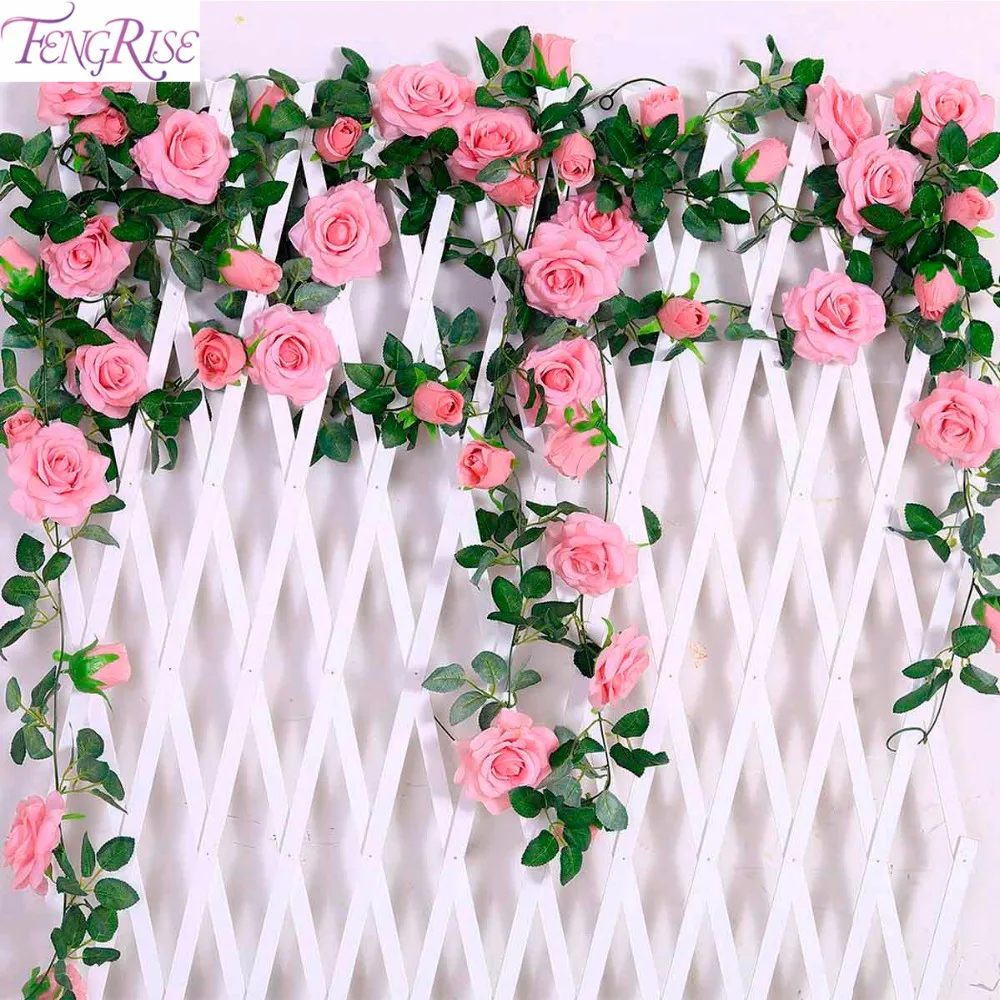 FENGRISE 2.4M/lot Silk Rose Flower With Ivy Vine Artificial Flowers for Home Wedding Decor Decorative Artificial Flower Garland FENGRISE 2.4M/lot Silk Rose Flower With Ivy Vine Artificial Flowers for Home Wedding Decor Decorative Artificial Flower Garland