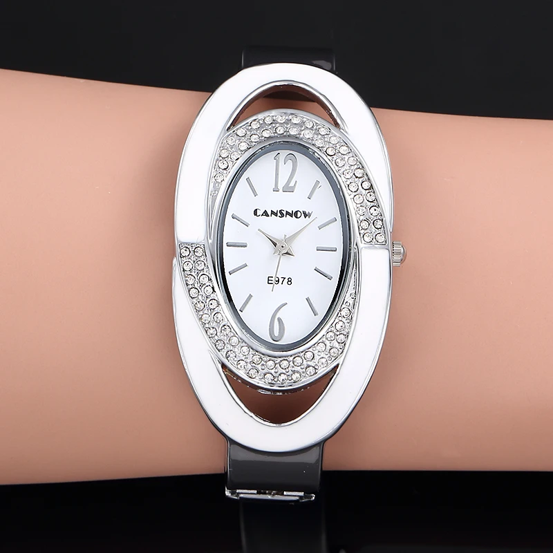 2016 New Luxury Brand Fashion Oval Dial Rhinestone Quartz Bangle Watches Women Dress Cuff