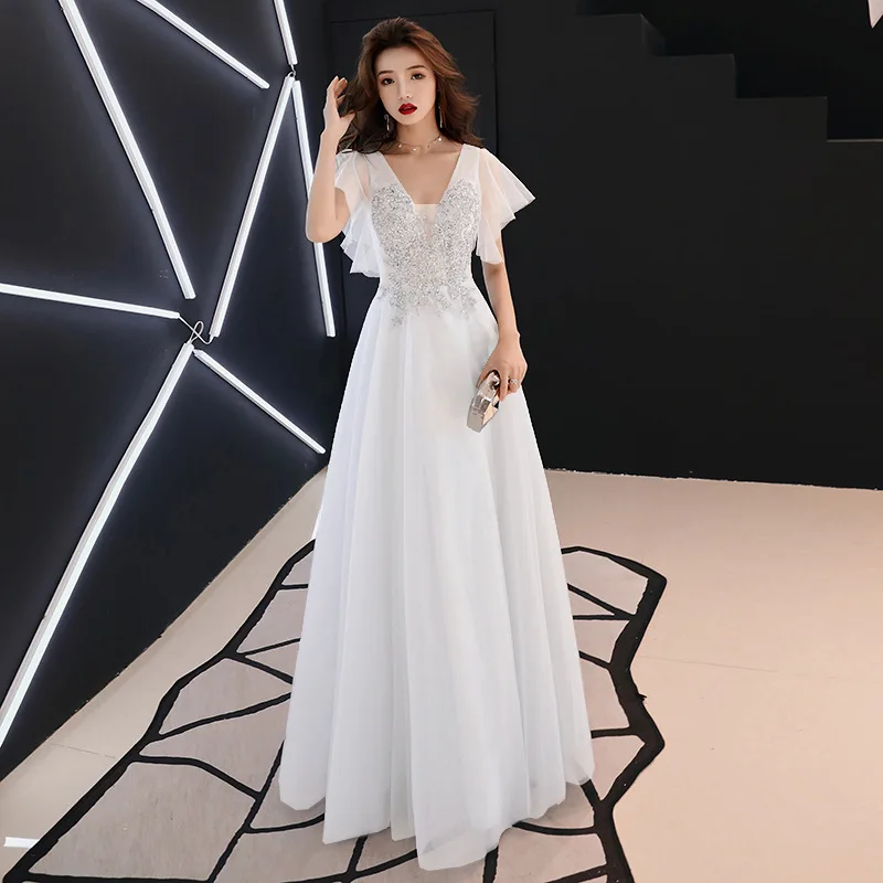 Китайский стиль элегантное вечернее платье на бретелях, с открытыми плечами платье трапециевидной формы на шнуровке платья для вечеринки с аппликациями Размеры S-XXL - Цвет: white  2