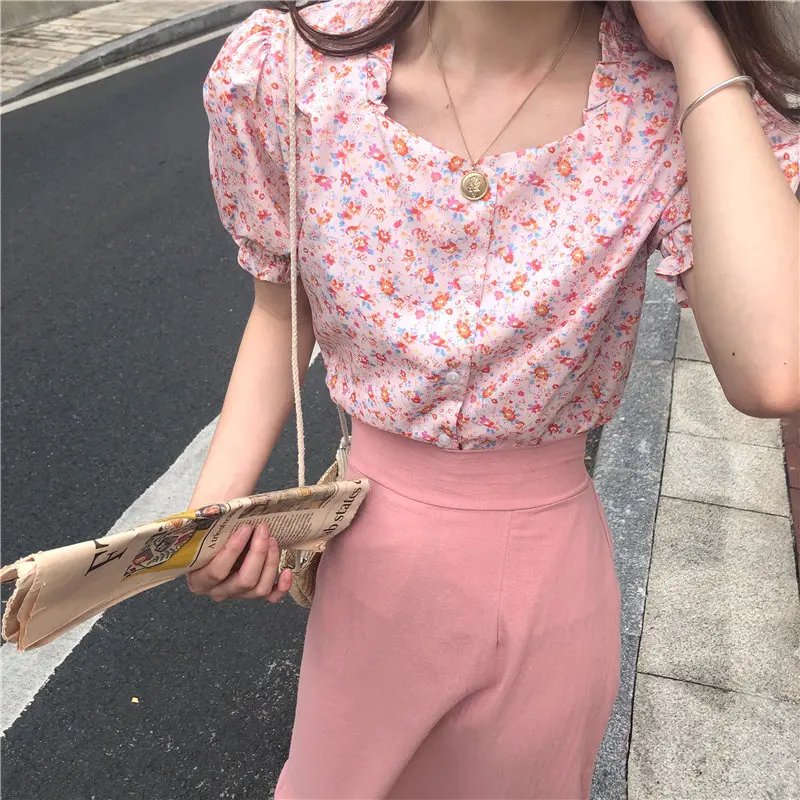 

Alien Kitty Sweet Summer Casual Female Loose 2019 Hot Square Collar Shirts Fashion Print Floral All-Match Vintage Shirts 2 Types