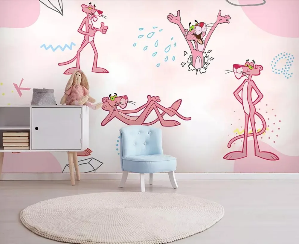 Pink mural wallpaper pink leopard cartoon wallpaper mural children room  background wall decoration mural 3d wallpaper|Wallpapers| - AliExpress