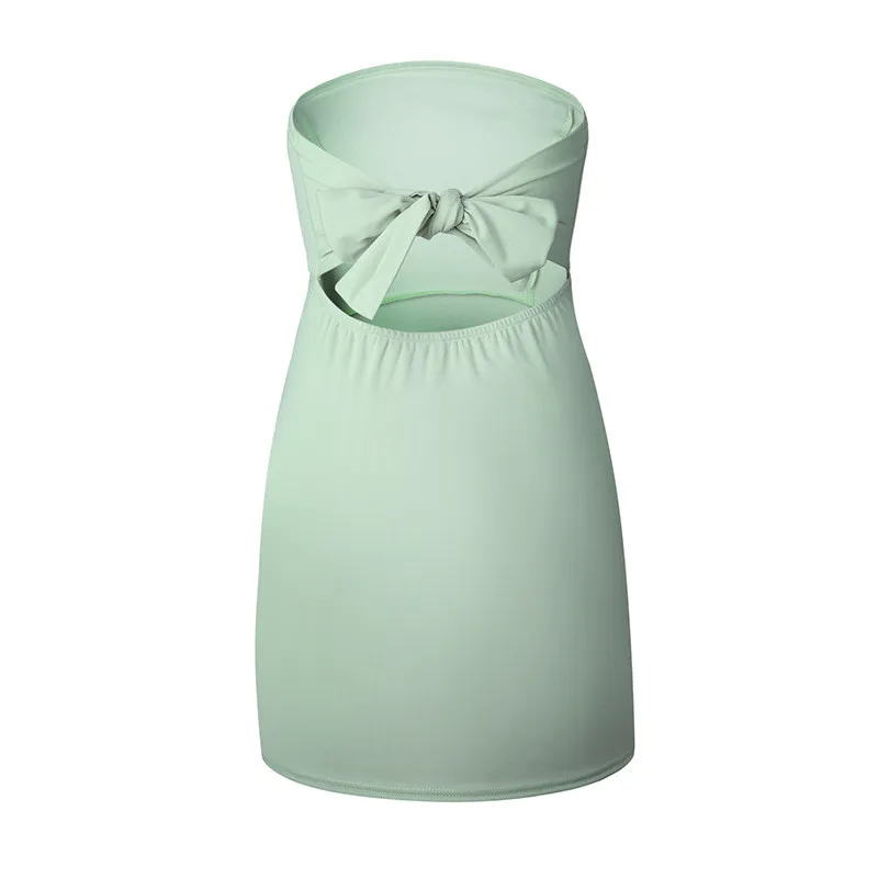 Off Shoulder Summer Dress Blue Bow Tie Sexy Backless Women Dress Sleeveless Elegant Tassel Patchwork Solid Vestidos  10