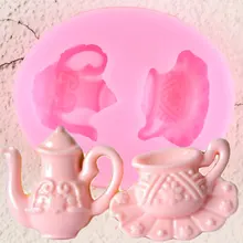Bule copo de chá molde de silicone diy bolo de casamento decoração ferramentas cupcake topper fondant moldes doces argila chocolate gumpaste molde