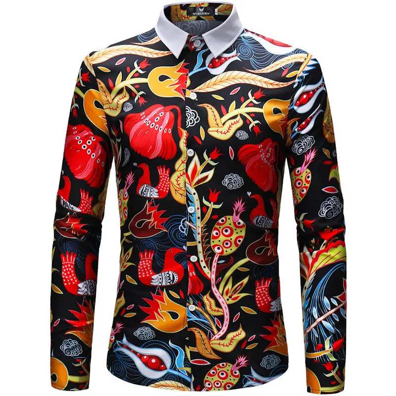 

2018 Retro Floral Printed Man Casual Shirts Fashion Classic Men Dress Shirt Breathable Men's Long Sleeve Brand Clothing