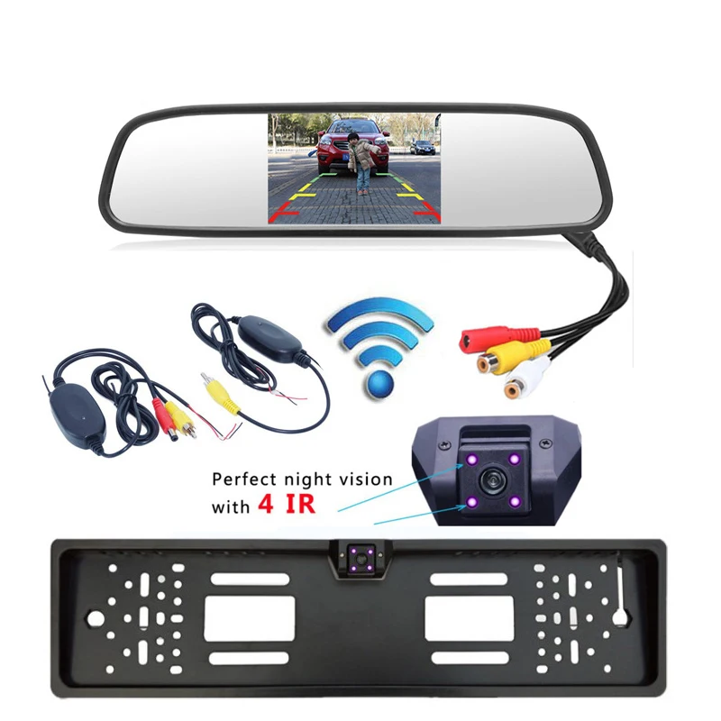 

4.3" Car Vehicle LCD Mirror Monitor Rear View Kit + Wireless EU Car License Plate Frame Reversing Backup Parking 4 LED Camera