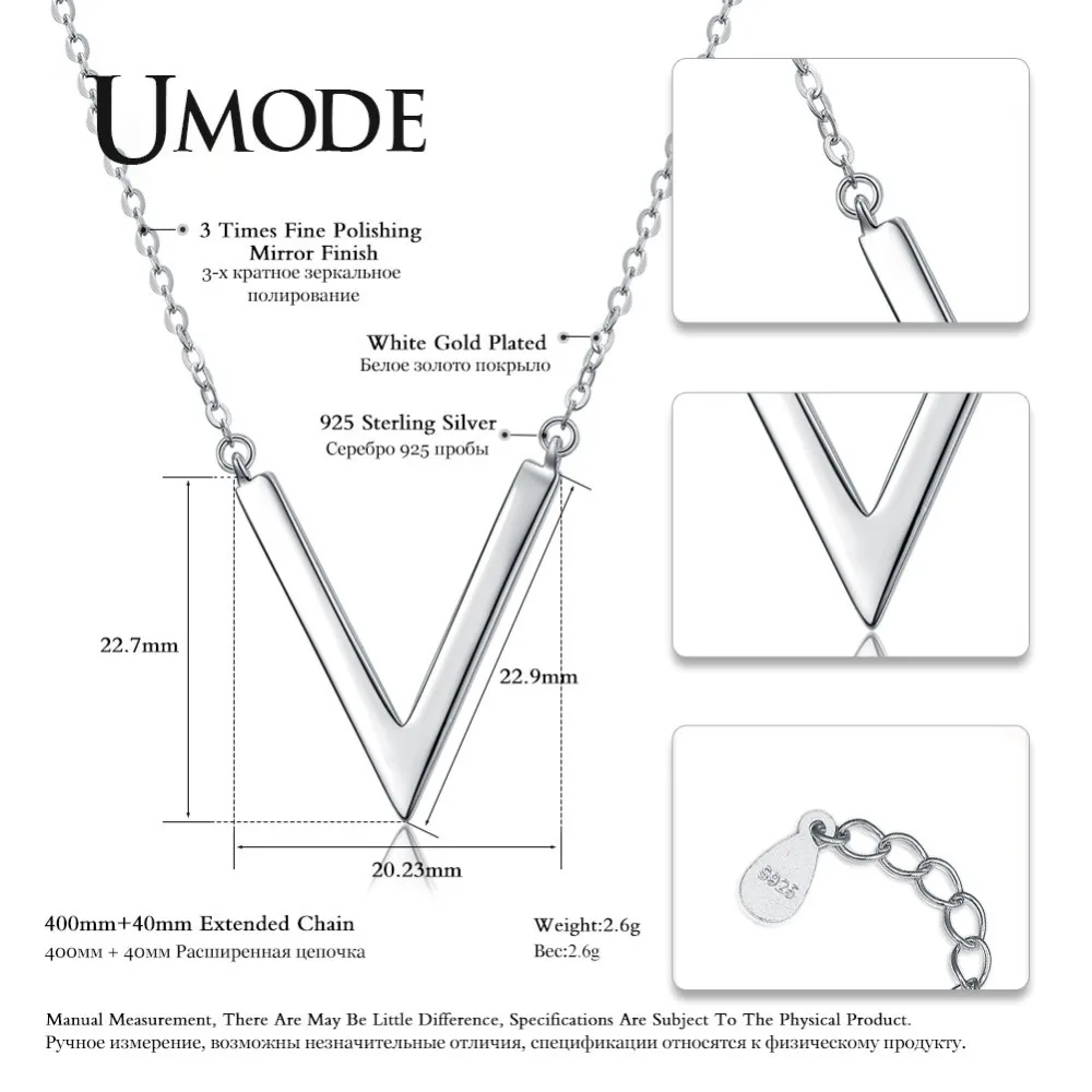 UMODE V Letter 925 Sterling Silver Chain Necklaces Pendant for Women Simple Korean Fashion Jewelry collares de moda ULN0204