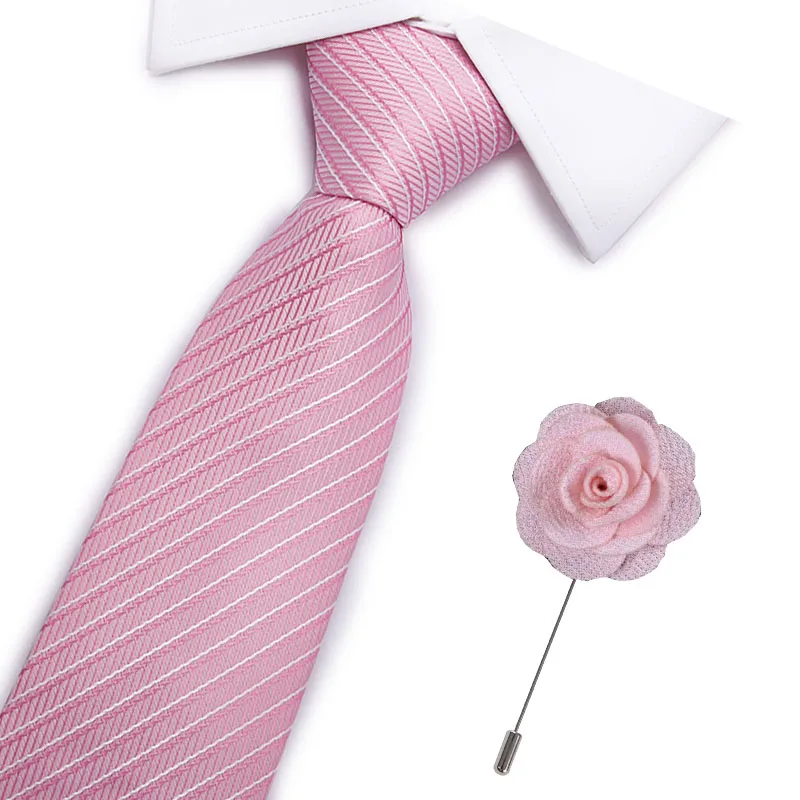 

Classic 7.5cm Width solid Ties Cravate Luxury Men's Silk Ties For Men Suit Business Wedding Necktie pink tie brooch set