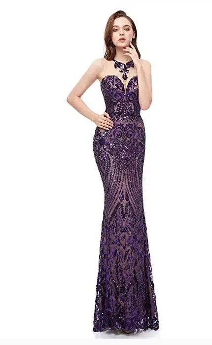 

2019 Multicolor sequined fabric long evening dress purple color