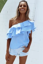 Women two colors Vertical Striped Off The Shoulder Tops With Frill Detail Ladies Summer Cute short ruffles Sleeve Shirt T-shirt