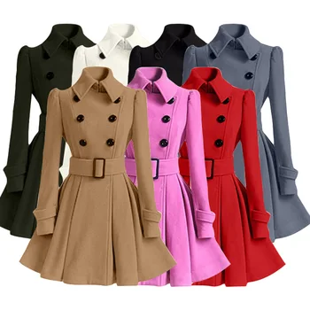 

Winter Woolen Coat Windbreaker Multicolor Women Belt Bandage Top Wool Blend Girls Dress Jacket Streetwear Thick Ladies Tops Hot