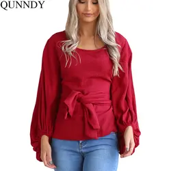 Qunndy 2018 элегантная женская блузка однотонный бант с поясом с длинным рукавом модные блузки рубашка Свободные повседневные топы Женская