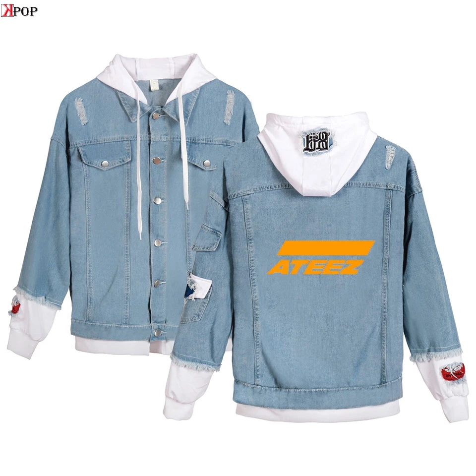 

ATEEZ Autumn Hooded Denim Jacket For Women Casual Jeans Jacket Holes Vintage Harajuku Coat Female loose Streetwear Basic Coats